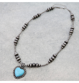 NAVAJO PEARL NECKLACE WITH TURQUOISE HEART PENDANT