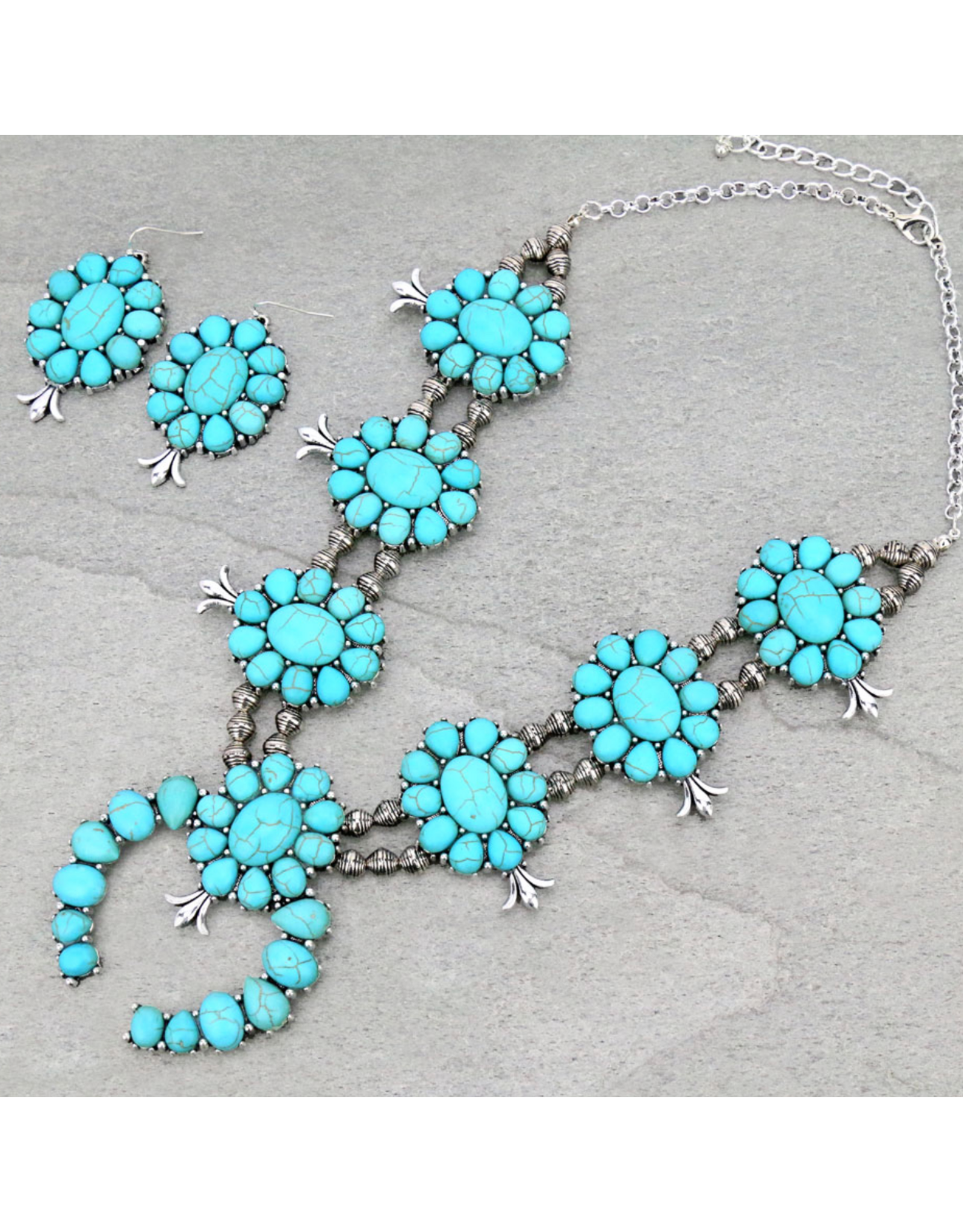 LARGE TURQUOISE STATEMENT SQUASH BLOSSOM NECKLACE & EARRINGS