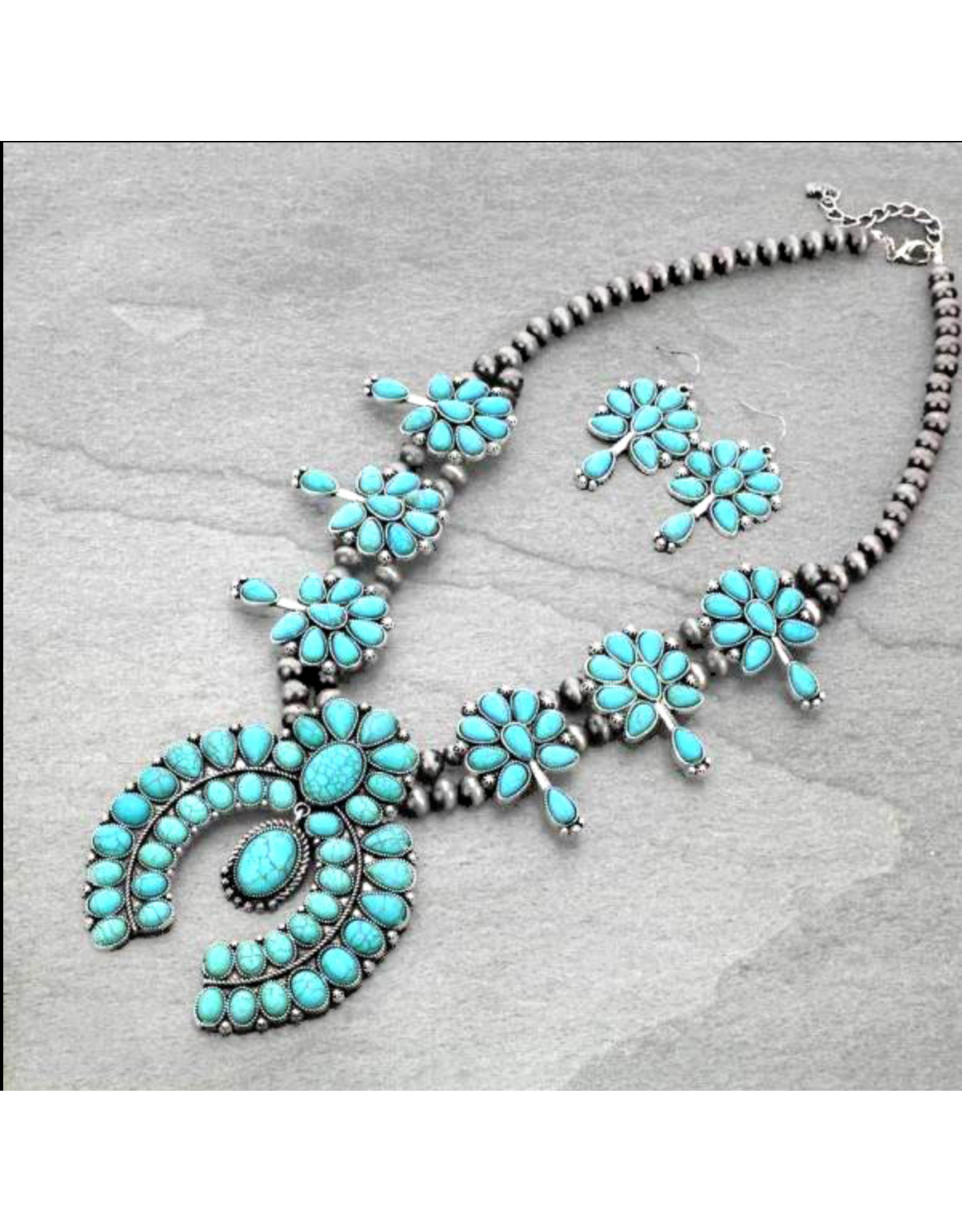 SQUASH BLOSSOM NECKLACE SET TURQUOISE AND NAVAJO PEARL SS1130