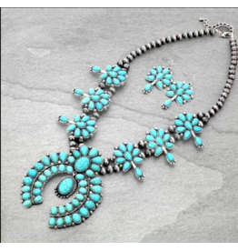 SQUASH BLOSSOM NECKLACE SET TURQUOISE AND NAVAJO PEARL SS1130