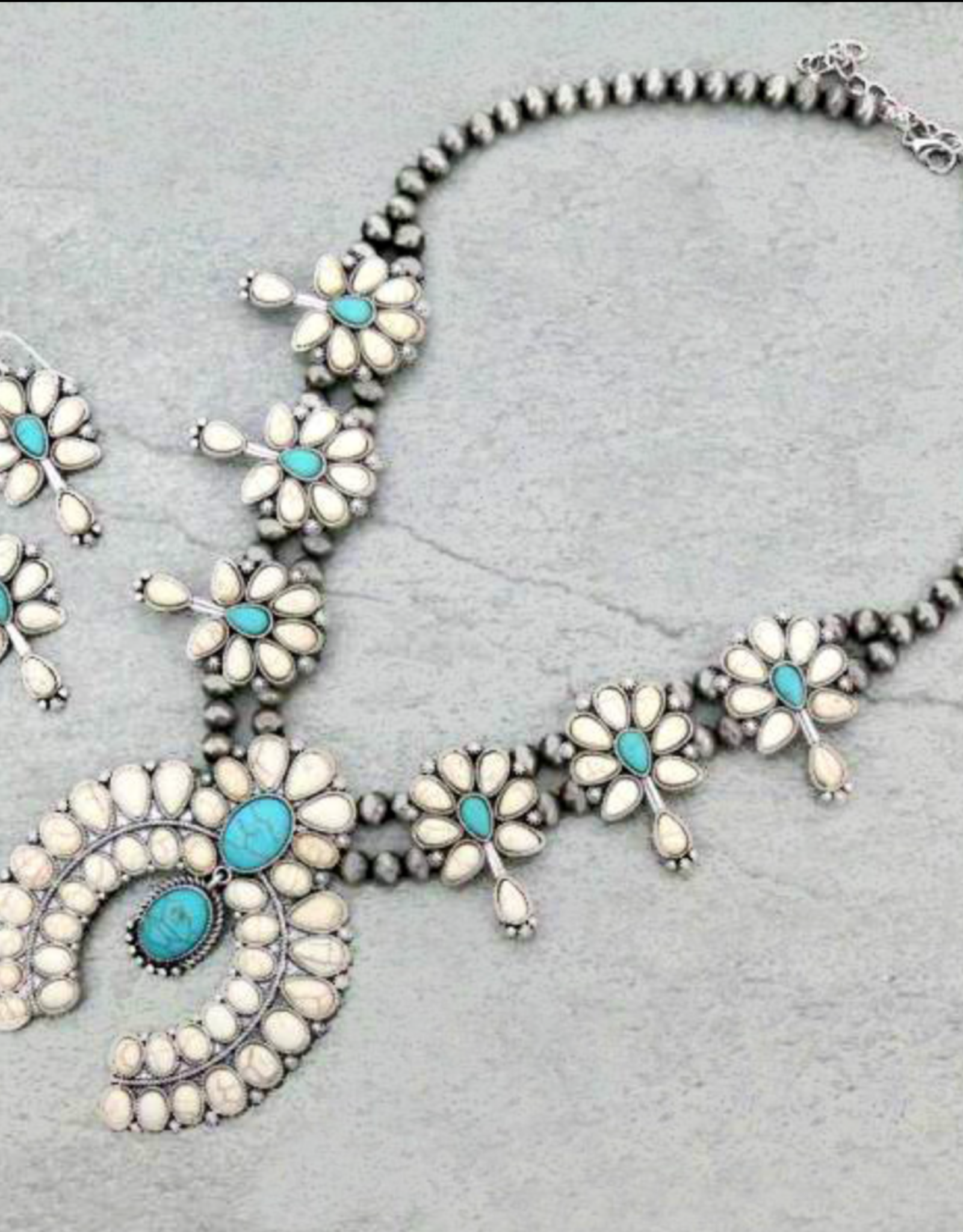 SQUASH BLOSSOM NECKLACE SET TURQUOISE& WHITE  AND NAVAJO PEARL SS1130