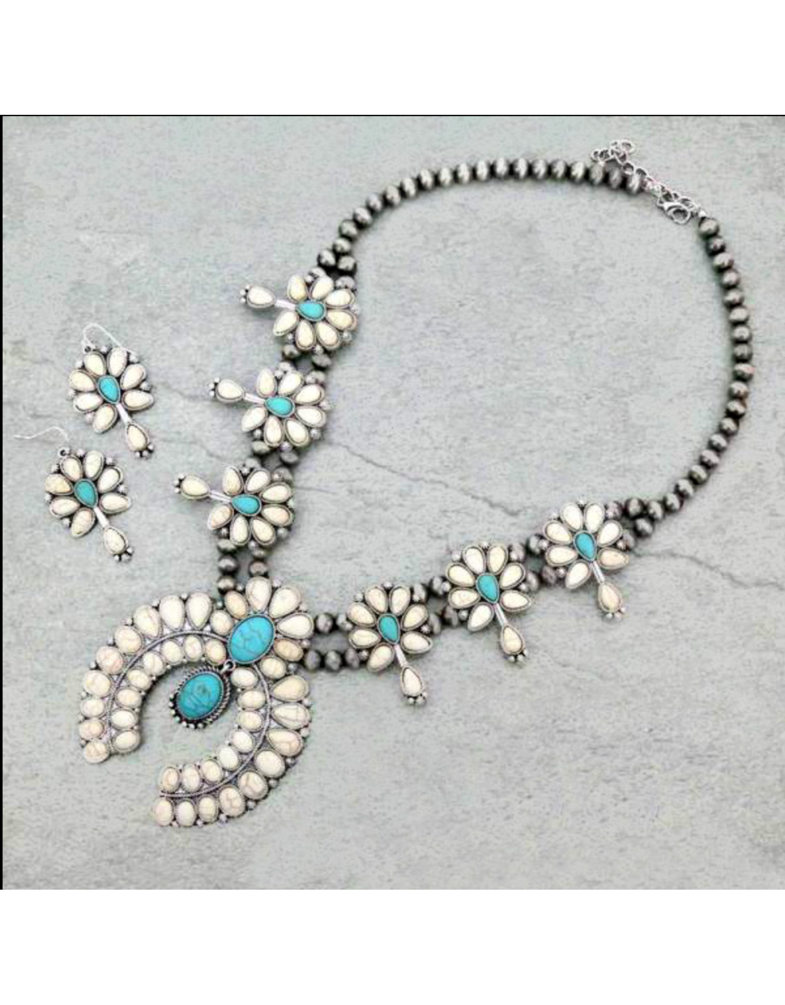 SQUASH BLOSSOM NECKLACE SET TURQUOISE& WHITE  AND NAVAJO PEARL SS1130