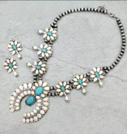 SQUASH BLOSSOM NECKLACE SET TURQUOISE& WHITE  AND NAVAJO PEARL SS1130