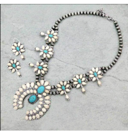 SQUASH BLOSSOM NECKLACE SET TURQUOISE& WHITE  AND NAVAJO PEARL SS1130