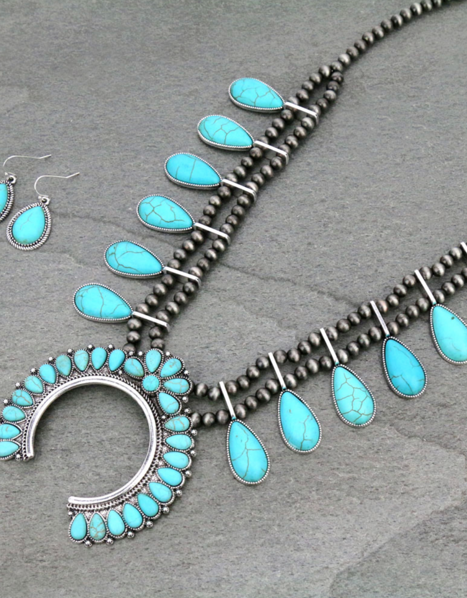 NAVAJO PEARL TURQUOISE STONES SQUASH BLOSSOM NECKLACE SET SS187
