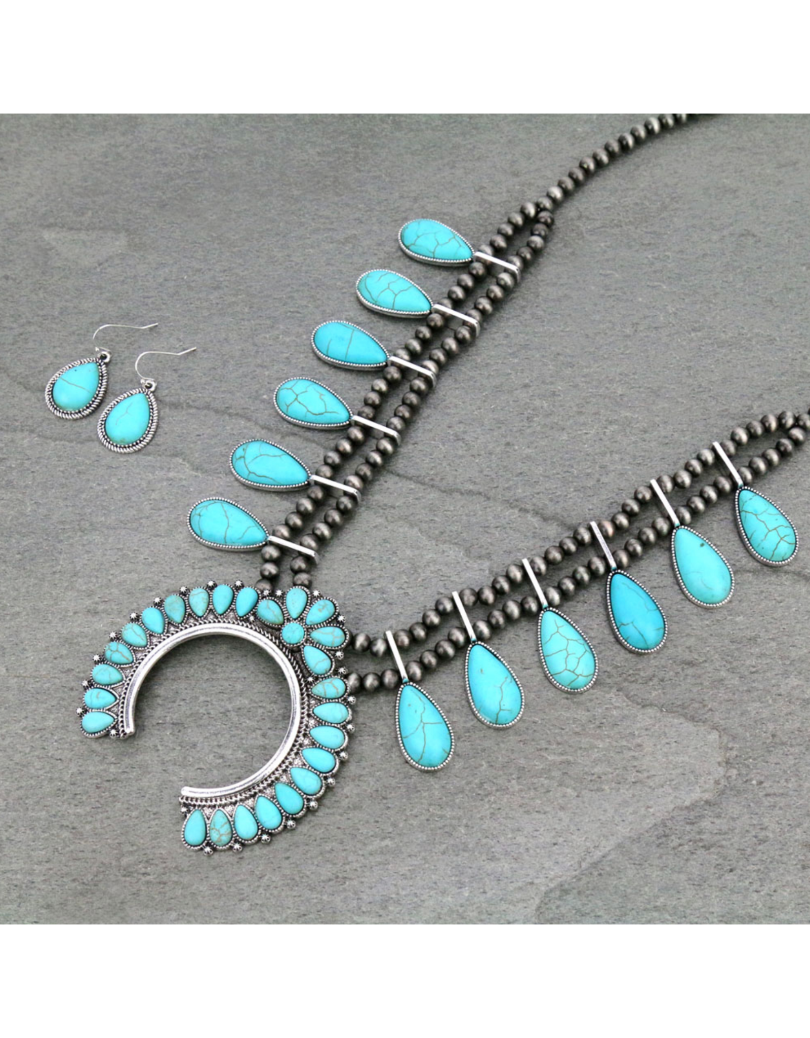 NAVAJO PEARL TURQUOISE STONES SQUASH BLOSSOM NECKLACE SET SS187