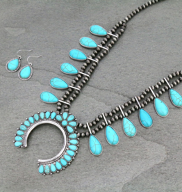 NAVAJO PEARL TURQUOISE STONES SQUASH BLOSSOM NECKLACE SET SS187