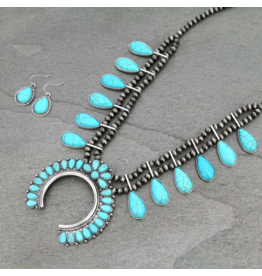 NAVAJO PEARL TURQUOISE STONES SQUASH BLOSSOM NECKLACE SET SS187