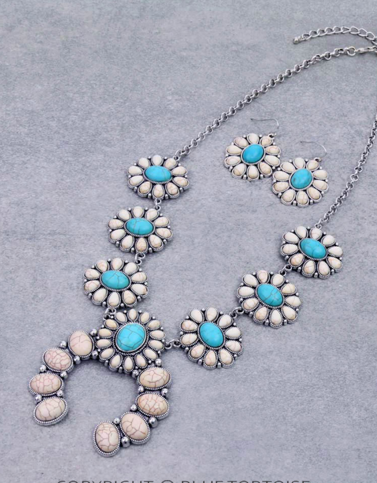 WHITE AND TURQUOISE SQUASH BLOSSOM ON CHAIN NECKLACE SET