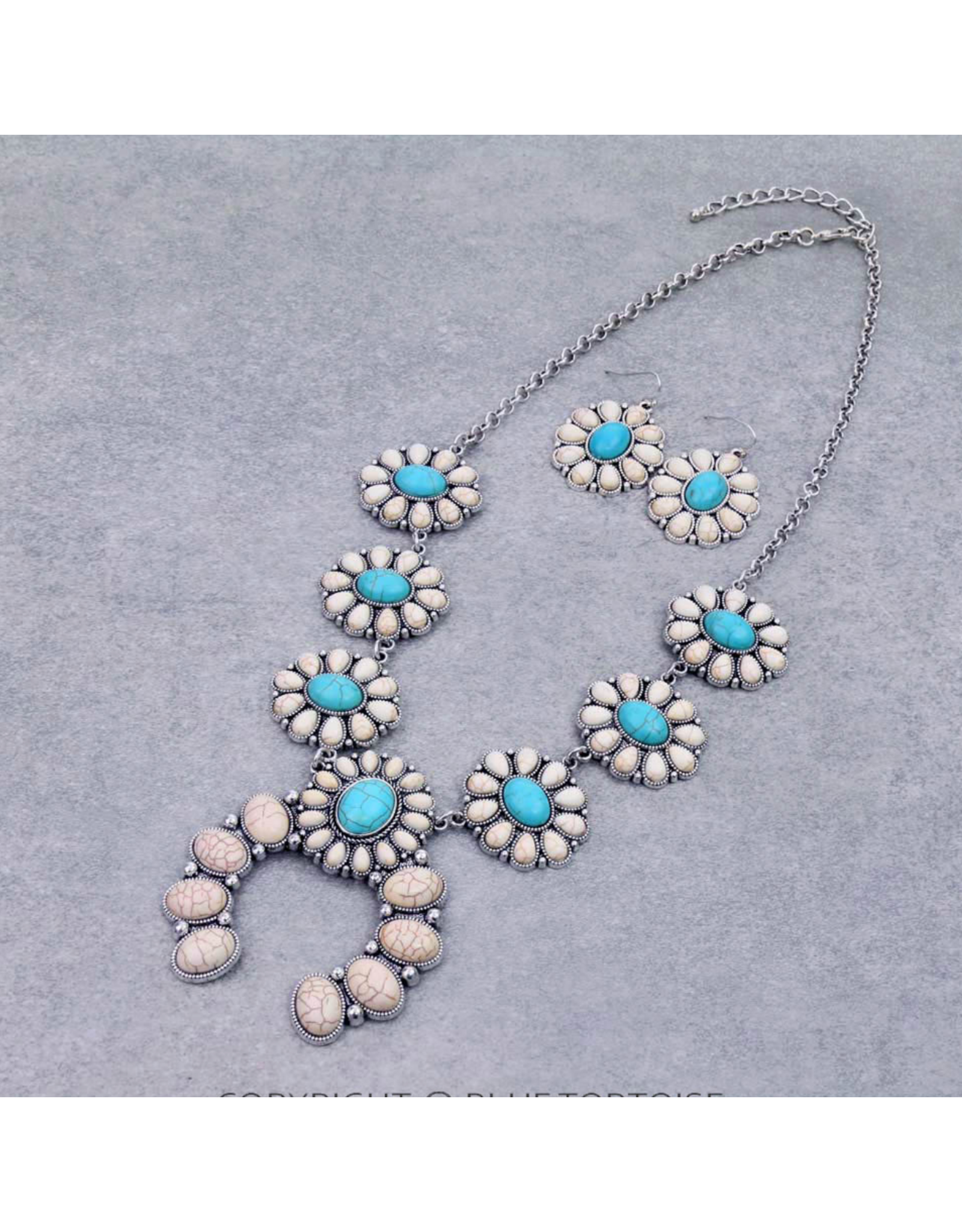 WHITE AND TURQUOISE SQUASH BLOSSOM ON CHAIN NECKLACE SET
