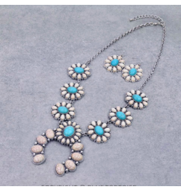 WHITE AND TURQUOISE SQUASH BLOSSOM ON CHAIN NECKLACE SET