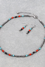 NAVAJO PEARL NECKLACE SET WITH TURQUOISE,BLACK, RED BEADS