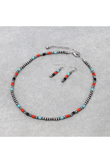 NAVAJO PEARL NECKLACE SET WITH TURQUOISE,BLACK, RED BEADS