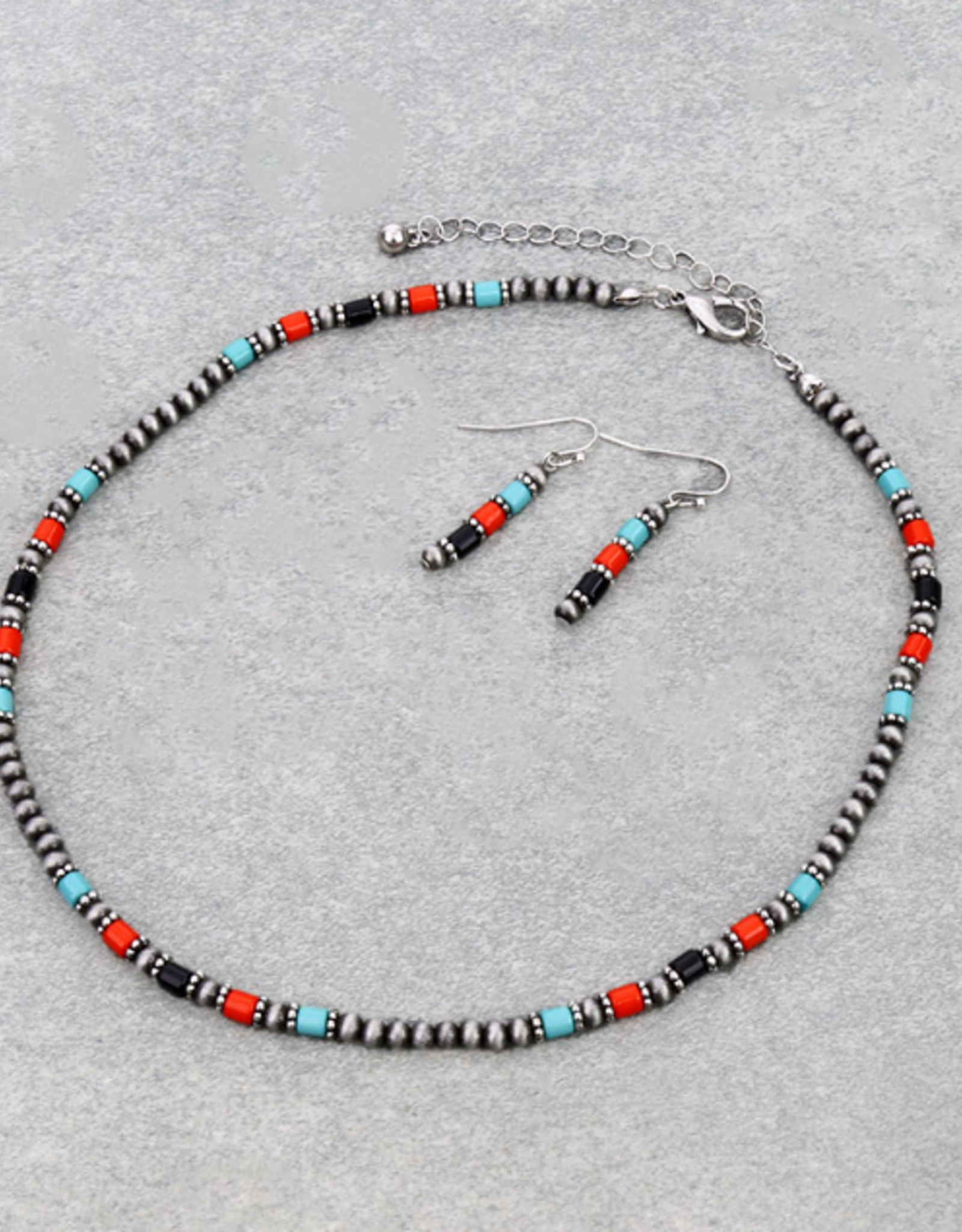 NAVAJO PEARL NECKLACE SET WITH TURQUOISE,BLACK, RED BEADS