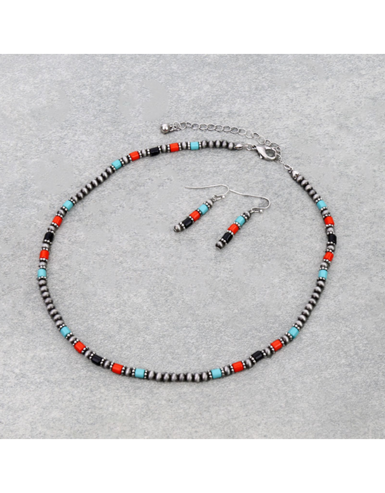 NAVAJO PEARL NECKLACE SET WITH TURQUOISE,BLACK, RED BEADS