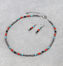 NAVAJO PEARL NECKLACE SET WITH TURQUOISE,BLACK, RED BEADS