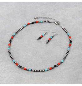 NAVAJO PEARL NECKLACE SET WITH TURQUOISE,BLACK, RED BEADS