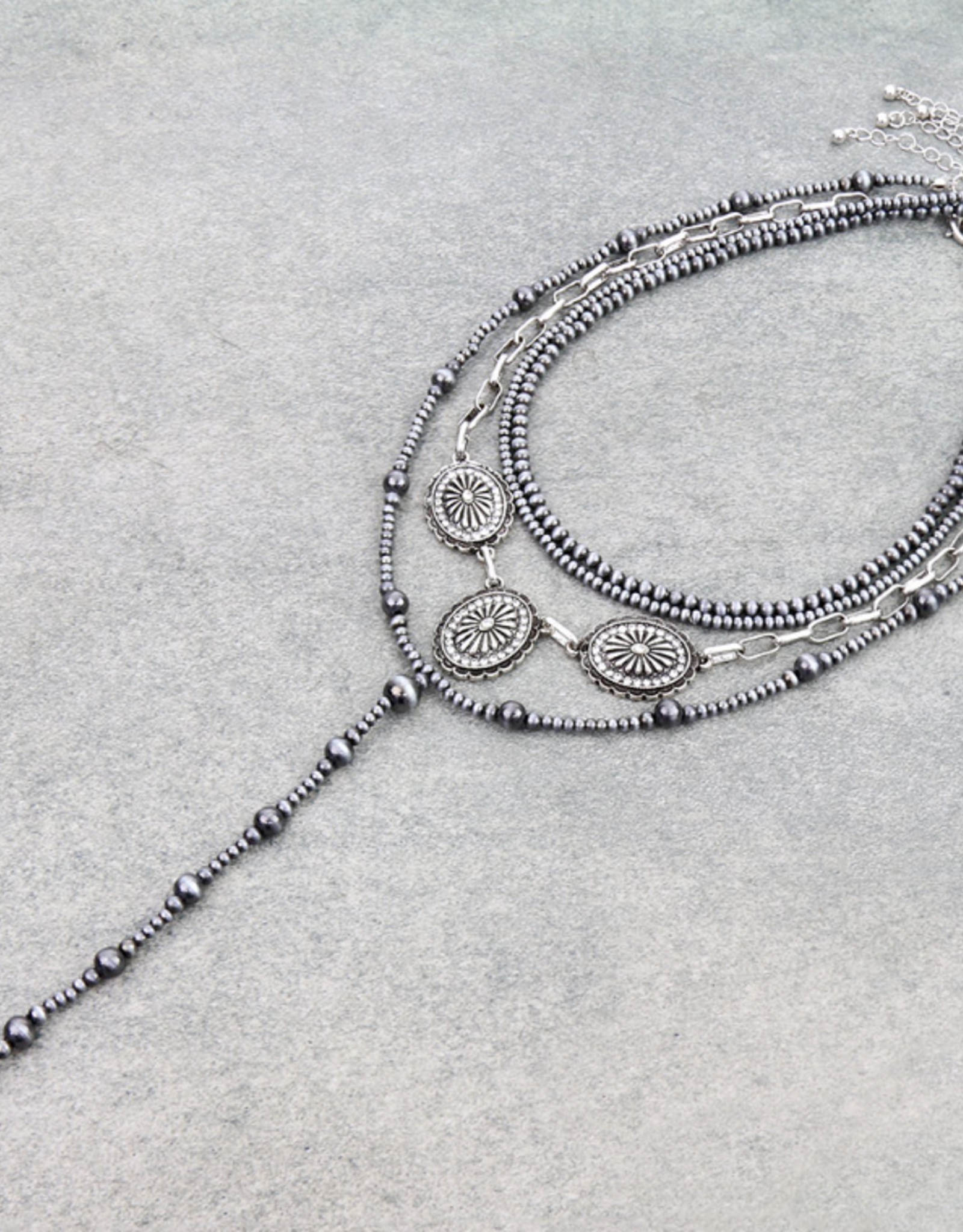 NECKLACE MULTI LAYERED NAVAJO BEAND & WESTERN CONCHOS