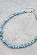 NECKLACE SILVER AND TURQUOISE FLAT STONE WITH BLUE BEADS