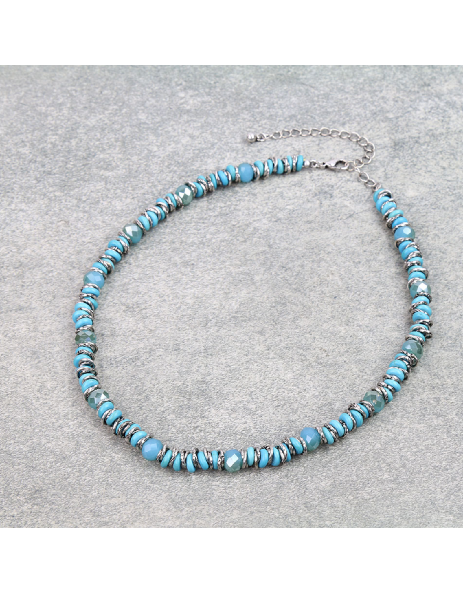 NECKLACE SILVER AND TURQUOISE FLAT STONE WITH BLUE BEADS