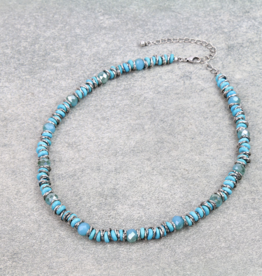 NECKLACE SILVER AND TURQUOISE FLAT STONE WITH BLUE BEADS