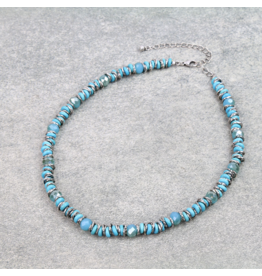 NECKLACE SILVER AND TURQUOISE FLAT STONE WITH BLUE BEADS