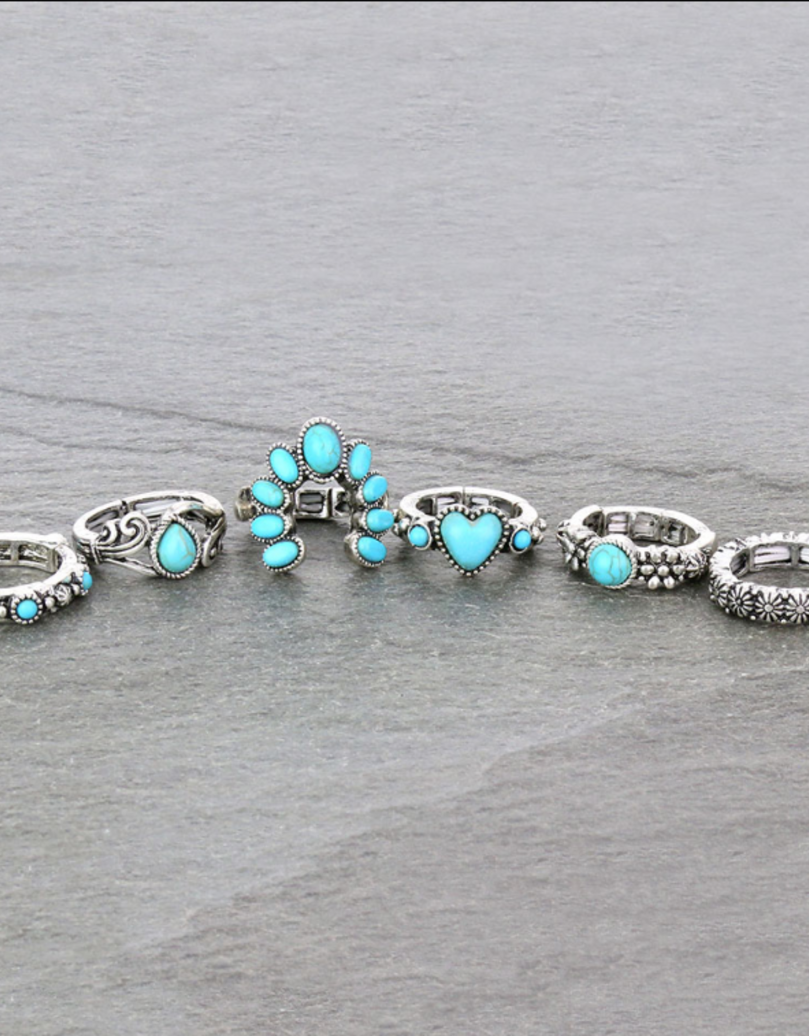 WESTERN RING STRETCH SET OF 6 TURQUOISE SQUASH BLOSSOM
