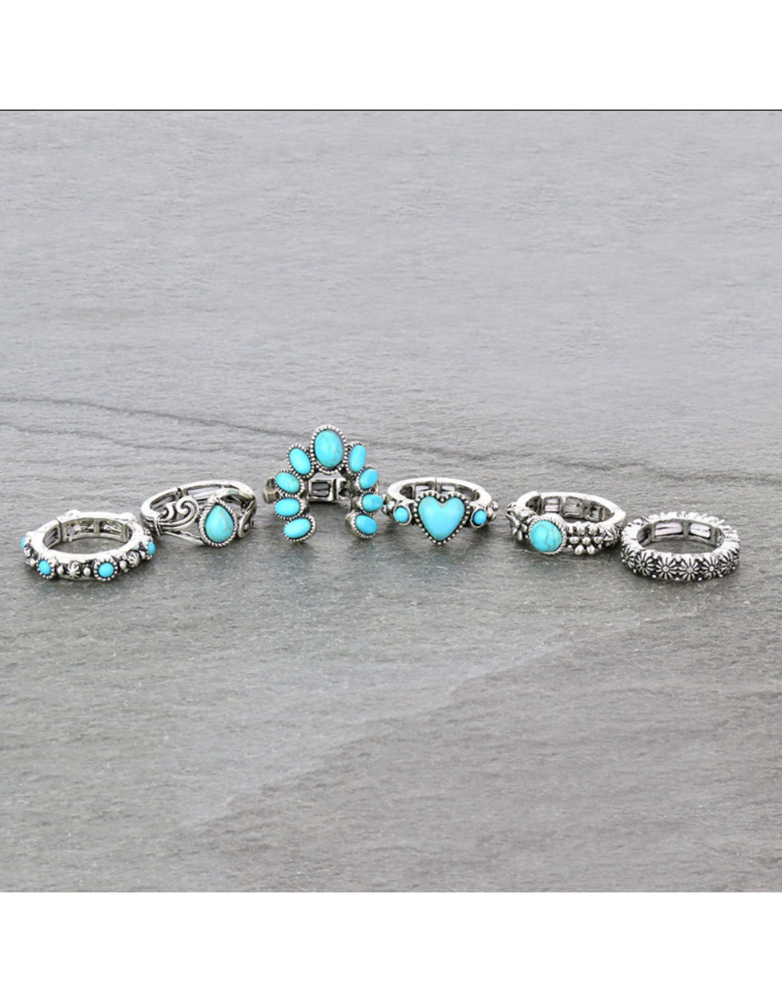 WESTERN RING STRETCH SET OF 6 TURQUOISE SQUASH BLOSSOM