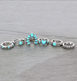 WESTERN RING STRETCH SET OF 6 TURQUOISE SQUASH BLOSSOM