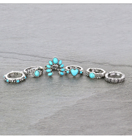 WESTERN RING STRETCH SET OF 6 TURQUOISE SQUASH BLOSSOM