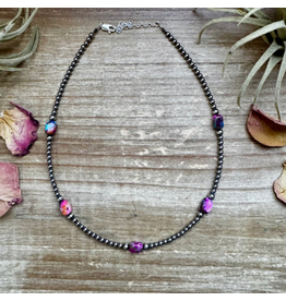 5 PINK DYE TURQUOISE CHOKER AND STERLING SILVER PEARLS