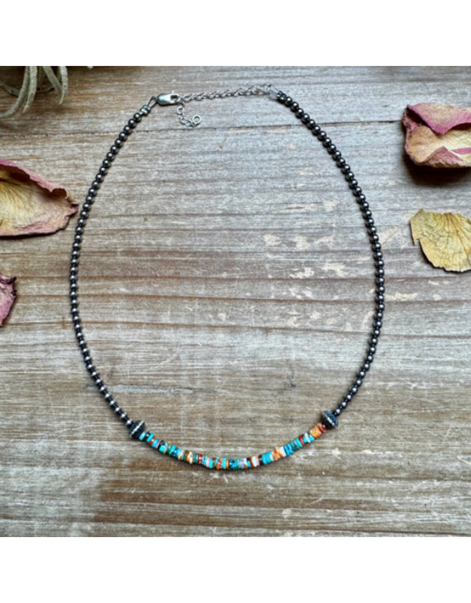 STERLING SILVER PEARL CHOKER TURQUOISE & SPINY OYSTER