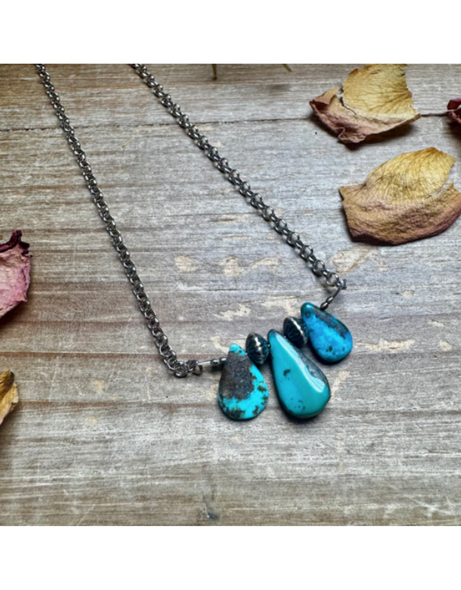 NECKLACE 16" IN BLUE TURQUOISE AND STERLING SILVER PEARL