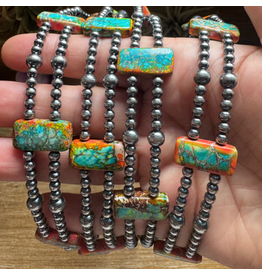 ORANGE/TURQUOISE DOUBLE STRANDED NECKLACE 13" STERLING BEADS