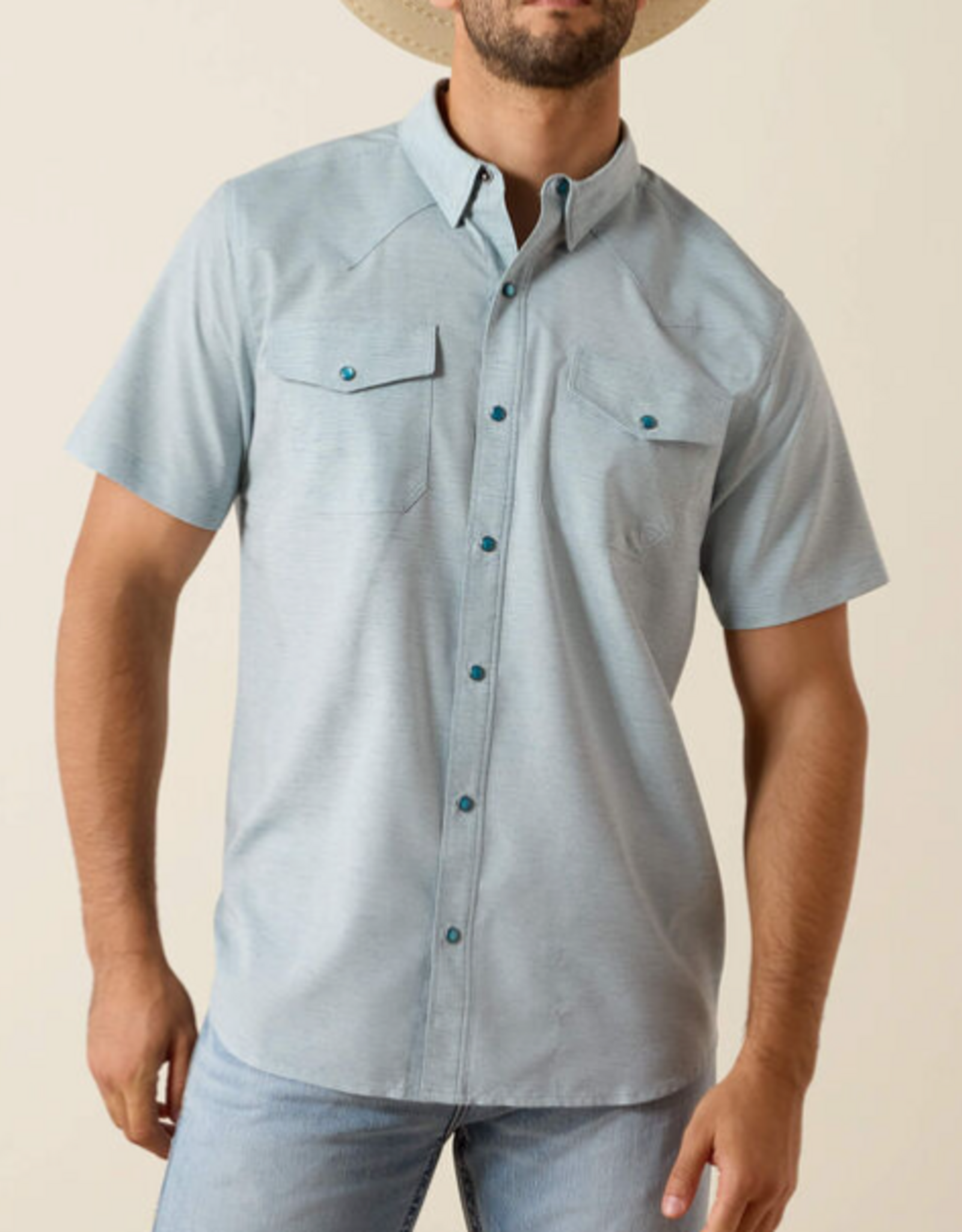 ARIAT SHIRT MNS S/S SNAP WESTERN VENTEK BLUE HEATHER