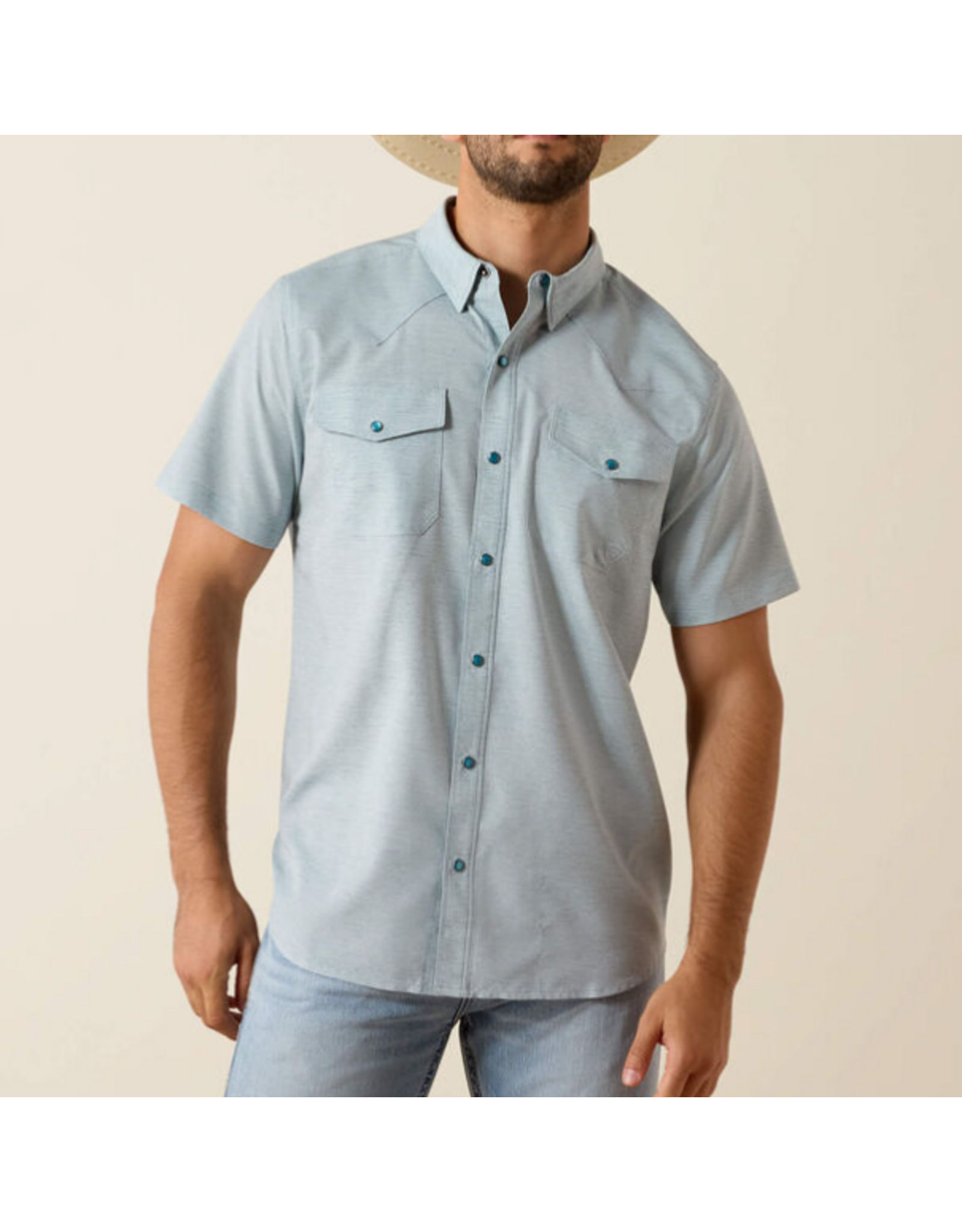 ARIAT SHIRT MNS S/S SNAP WESTERN VENTEK BLUE HEATHER