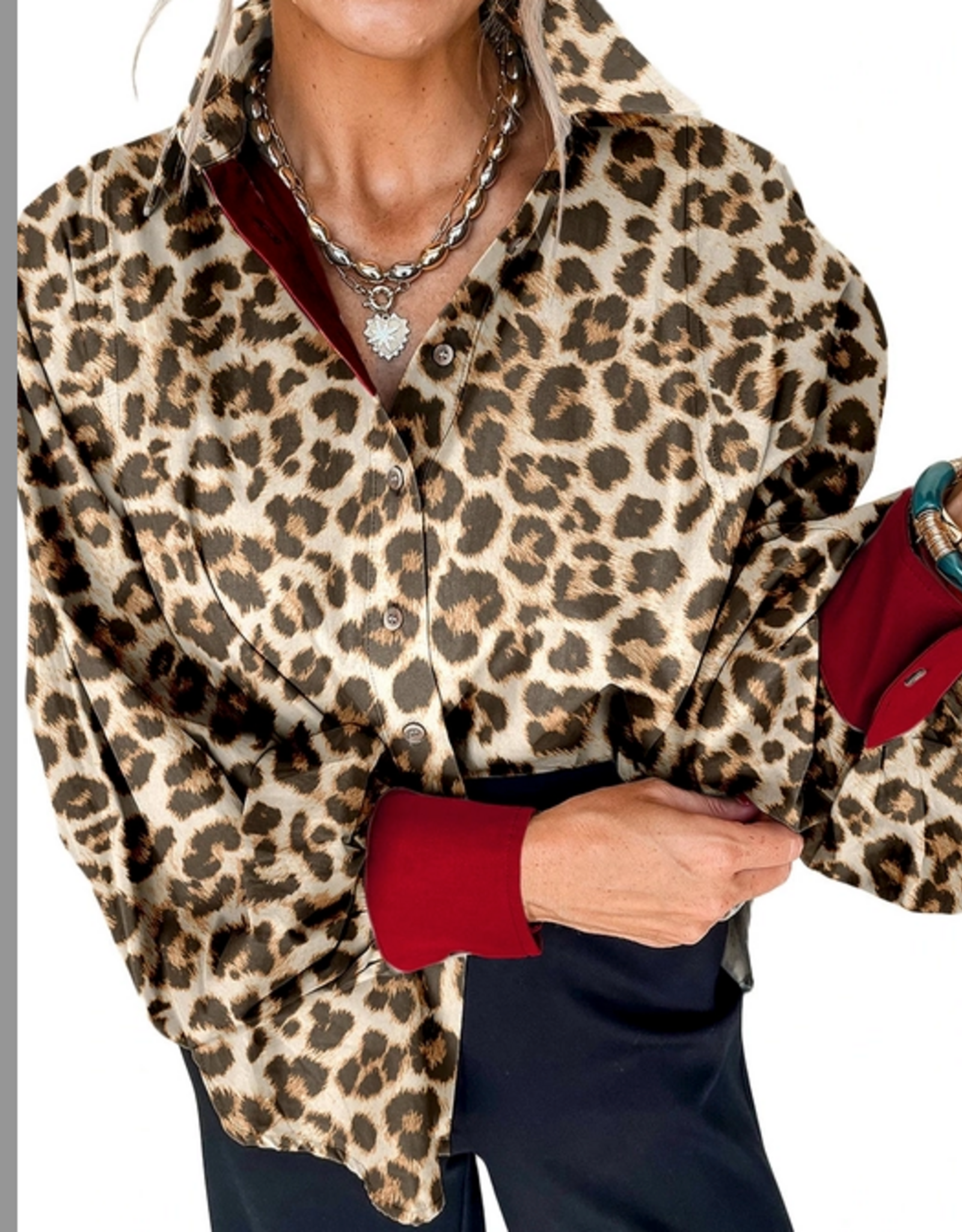LOVESOFT SHIRT L/S BUTTON UP LEOPARD RED CUFF