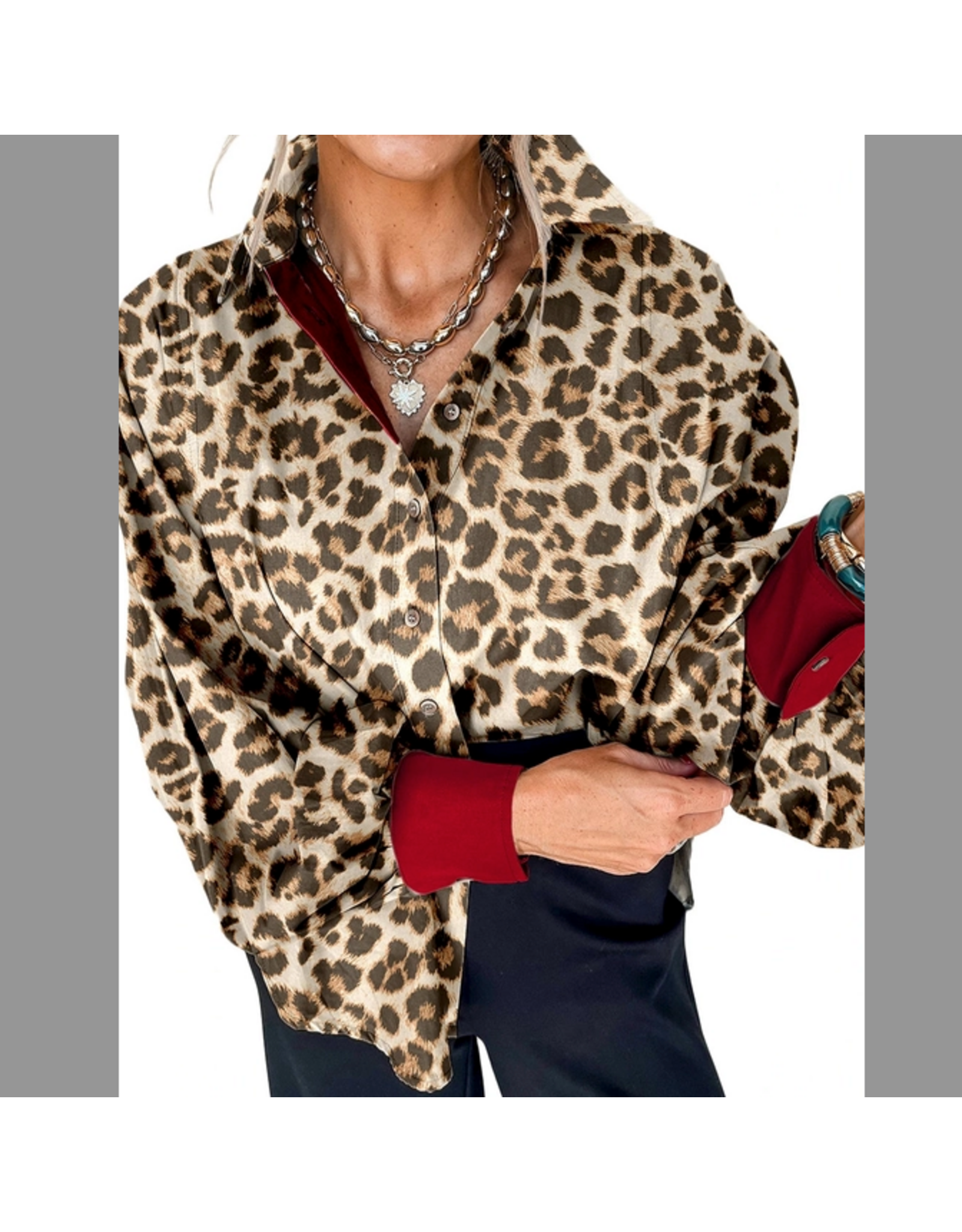 LOVESOFT SHIRT L/S BUTTON UP LEOPARD RED CUFF