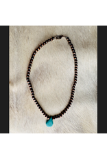 BRONZE NAVAJO PEARL NECKLACE WITH BLUE TURQUOISE TEARDROP STONE