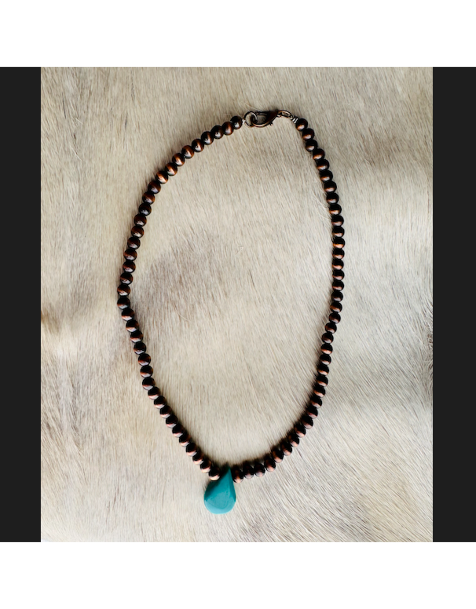 BRONZE NAVAJO PEARL NECKLACE WITH BLUE TURQUOISE TEARDROP STONE