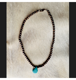 BRONZE NAVAJO PEARL NECKLACE WITH BLUE TURQUOISE TEARDROP STONE