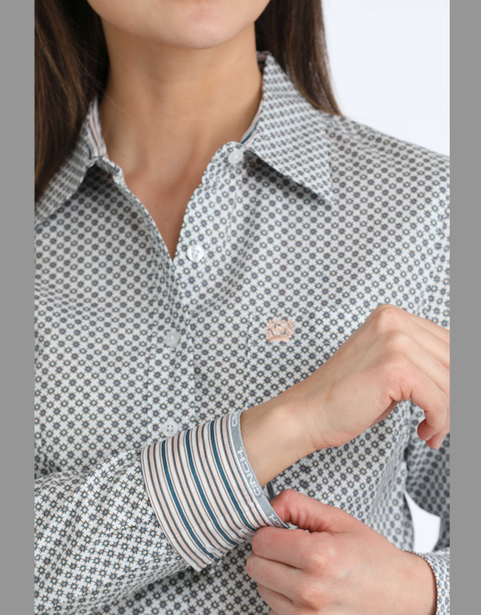 CINCH SHIRT WMS LS CINCH WHITE TEAL & PURPLE GEO PRINT