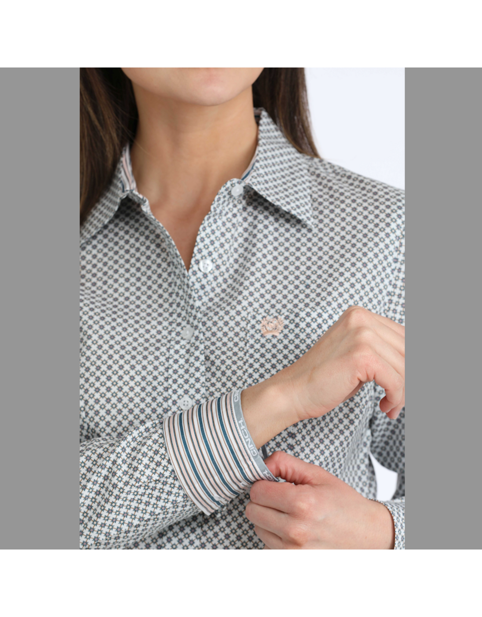 CINCH SHIRT WMS LS CINCH WHITE TEAL & PURPLE GEO PRINT