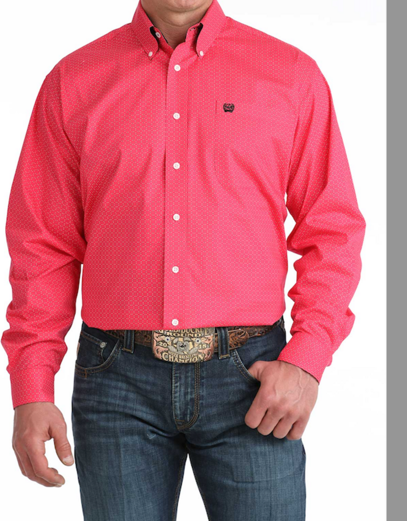 SHIRT MNS CINCH LS HOT PINK WITH DASH & DOTS