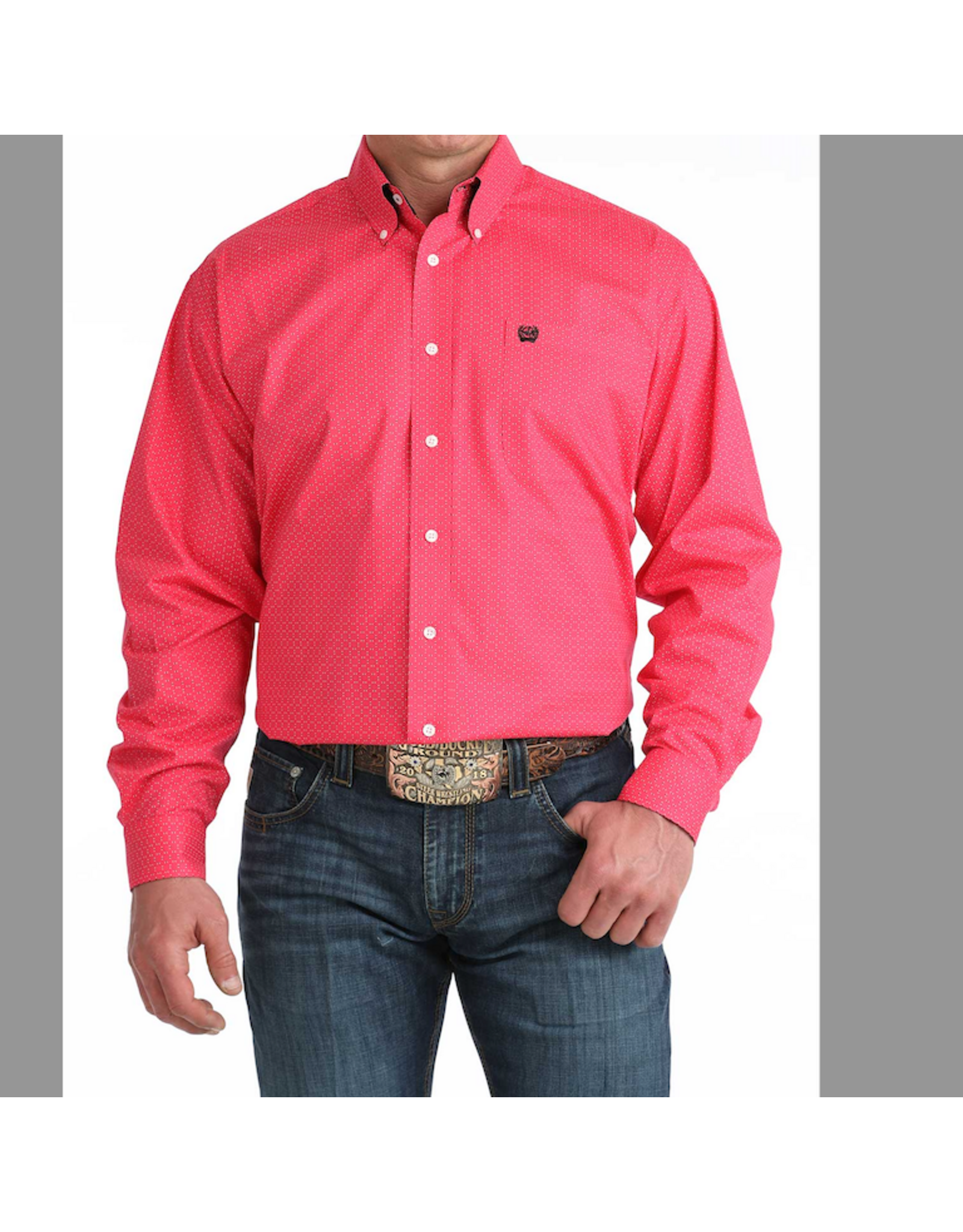 SHIRT MNS CINCH LS HOT PINK WITH DASH & DOTS