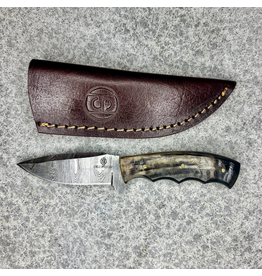 CIRCLE SH KNIFE FIXED BLADE, HORN HANDLE, & DAMASCUS BLADE 7"