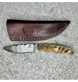 CIRCLE SH KINFE FIXED DAMASCUS BLADE RAM HORN HANDLE 7.5"