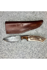 CIRCLE SH KNIFE 7" STRAIGHT KNIFE DAMASCUS BLADE STAG HORN & WOOD HANDLE