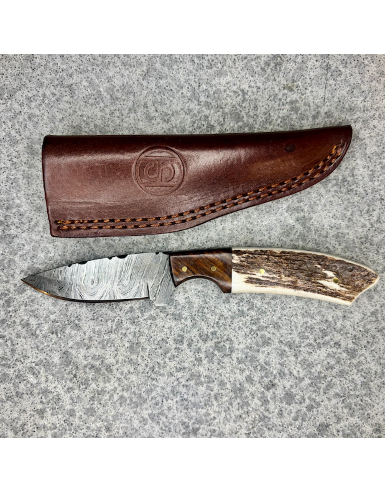 CIRCLE SH KNIFE 7" STRAIGHT KNIFE DAMASCUS BLADE STAG HORN & WOOD HANDLE