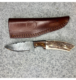 CIRCLE SH KNIFE 7" STRAIGHT KNIFE DAMASCUS BLADE STAG HORN & WOOD HANDLE